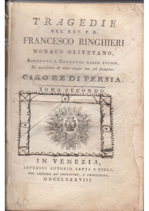 TRAGEDIE del reverendo Francesco Ringhieri tomo II Zatta 1788 libro antico